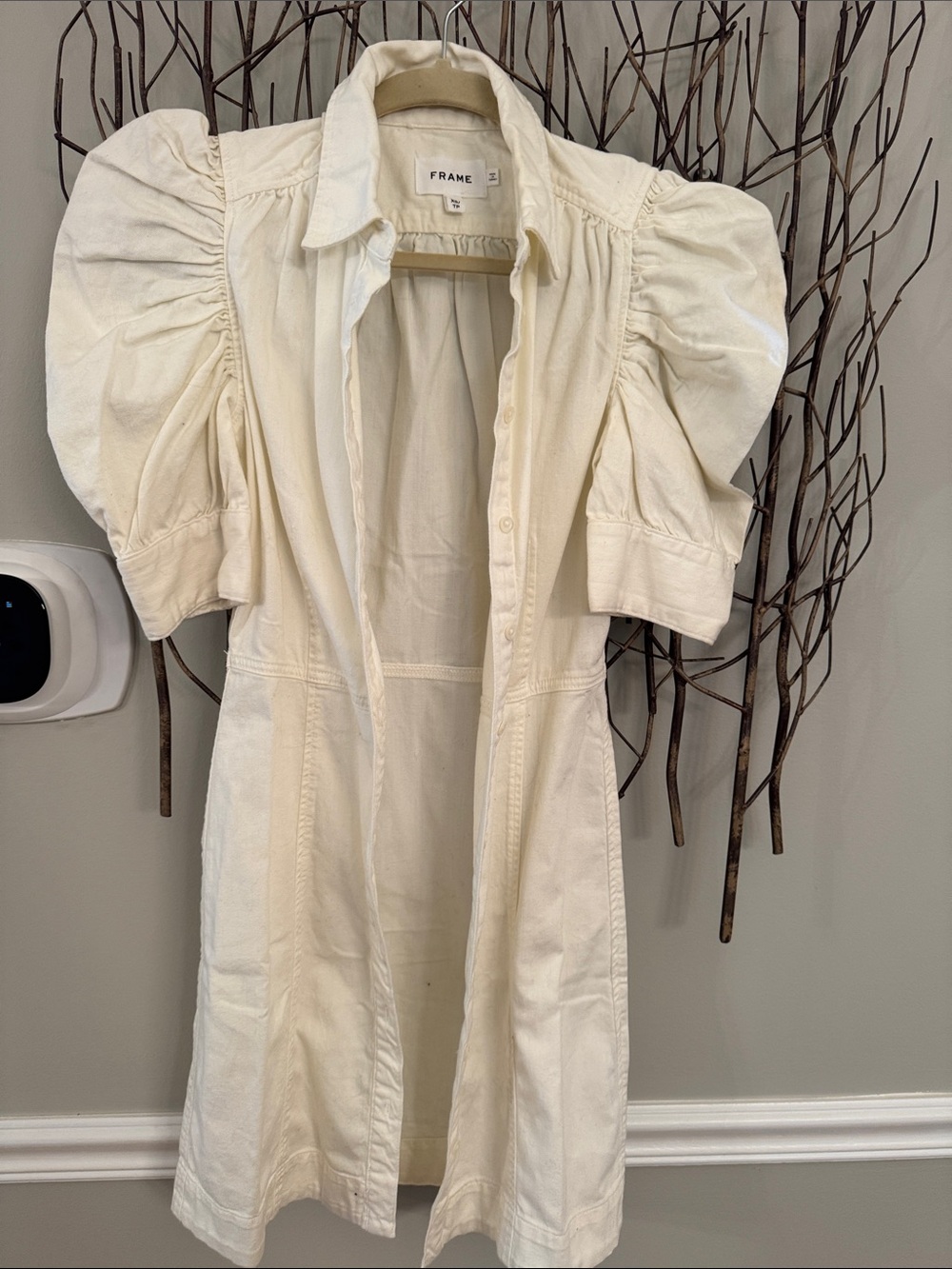 Frame Denim Cream Puff Sleeve Button-Down Shirt Dress